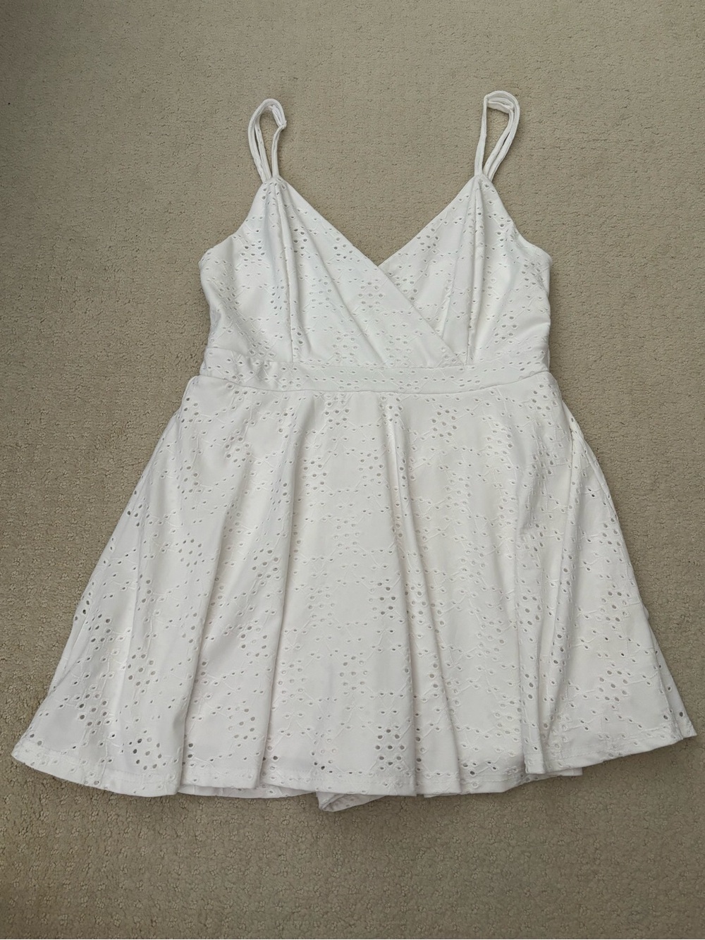 Women’s Juniors White Eyelet Spaghetti Strap Summer Dress w/ built in shorts